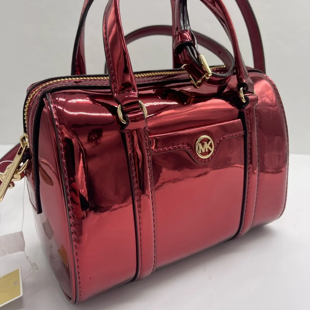 MICHAEL KORS Jet Set Sm Metallic Convertible Crossbody Duffle XBODY Cherry NWT